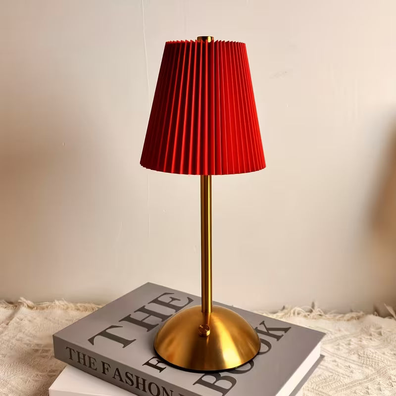Cordless Rechargeable LED Table Lamp with Red Pleated Shade in 3 colours
