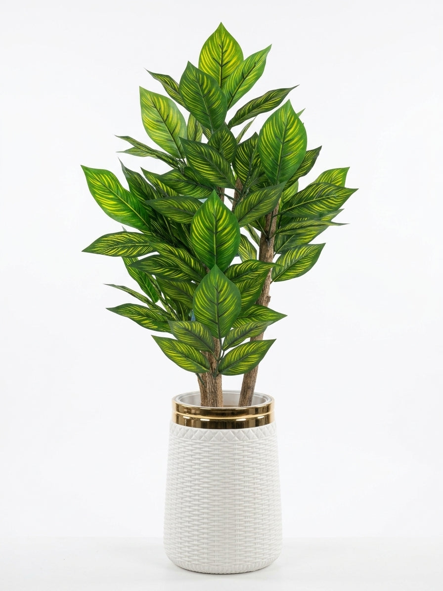Artificial Calathea Plant in Decorative White & Gold Ceramic Planter